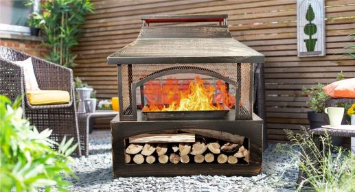 37-Inch Rectangular Metal Outdoor Wood Burning Fireplace - Outdoor Fireplace with Built-in Log Storage and Poker-Brushed Bronze (Color: as Pic) 37-Inch Rectangular Metal Outdoor Wood Burning Fireplace - Outdoor Fireplace with Built-in Log Storage and Poker-Brushed Bronze (Color: as Pic)
